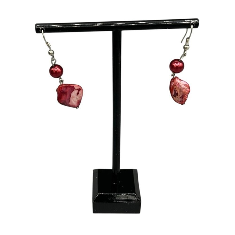 Red Shell Bead Dangle Earrings Silver Tone Fish Hook
